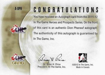 2011-12 In The Game Heroes and Prospects - Autographs #A-DPH Dion Phaneuf Back