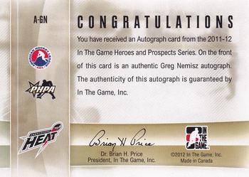2011-12 In The Game Heroes and Prospects - Autographs #A-GN Greg Nemisz Back