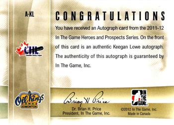 2011-12 In The Game Heroes and Prospects - Autographs #A-KL Keegan Lowe Back