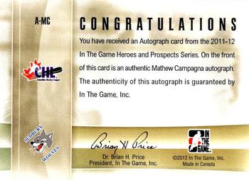 2011-12 In The Game Heroes and Prospects - Autographs #A-MC Mathew Campagna Back