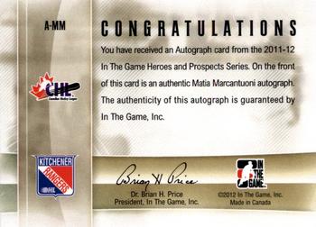 2011-12 In The Game Heroes and Prospects - Autographs #A-MM Matia Marcantuoni Back