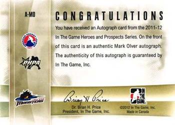 2011-12 In The Game Heroes and Prospects - Autographs #A-MO Mark Olver Back