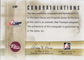 2011-12 In The Game Heroes and Prospects - Autographs #A-MP Matt Puempel Back