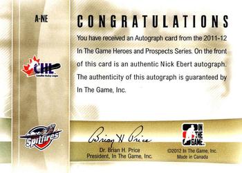 2011-12 In The Game Heroes and Prospects - Autographs #A-NE Nick Ebert Back