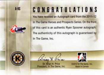 2011-12 In The Game Heroes and Prospects - Autographs #A-RS Ryan Spooner Back