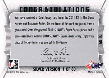 2011-12 In The Game Heroes and Prospects - Dual Jerseys Silver #DJ-04 Scott Wedgewood / Mark Visentin Back