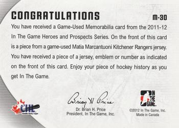 2011-12 In The Game Heroes and Prospects - Game-Used Emblems Black #M-30 Matia Marcantuoni Back