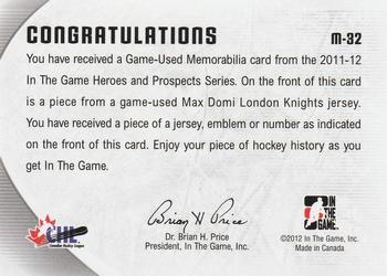 2011-12 In The Game Heroes and Prospects - Game-Used Jerseys Black #M-32 Max Domi Back