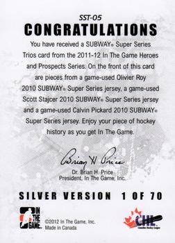 2011-12 In The Game Heroes and Prospects - Subway Series Trios Jerseys Silver #SST-05 Olivier Roy / Scott Stajcer / Calvin Pickard Back