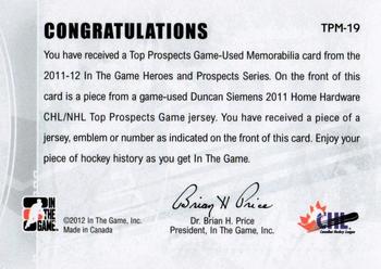 2011-12 In The Game Heroes and Prospects - Top Prospects Jerseys Black #TPM-19 Duncan Siemens Back