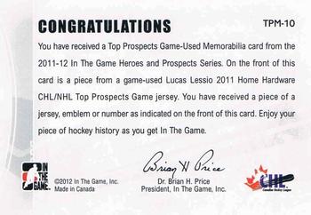 2011-12 In The Game Heroes and Prospects - Top Prospects Jerseys Silver #TPM-10 Lucas Lessio Back