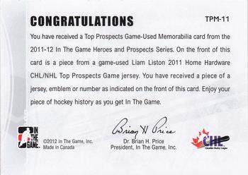 2011-12 In The Game Heroes and Prospects - Top Prospects Jerseys Silver #TPM-11 Liam Liston Back