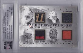 2011-12 In The Game Ultimate Memorabilia - History of the Franchise In the Net Gold #NNO Mike Liut / Sean Burke / Arturs Irbe / Cam Ward Front