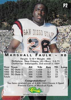 1994-95 Classic - 4 Sport Preview #P2 Marshall Faulk Back