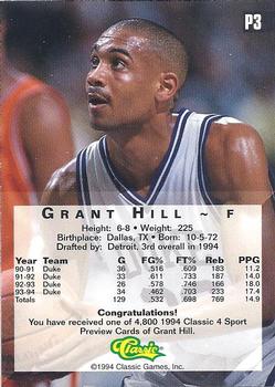 1994-95 Classic - 4 Sport Preview #P3 Grant Hill Back