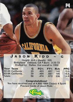 1994-95 Classic - 4 Sport Preview #P4 Jason Kidd Back