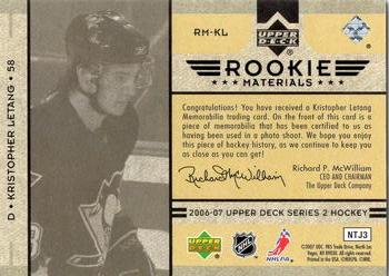 2006-07 Upper Deck - Rookie Materials #RM-KL Kristopher Letang Back