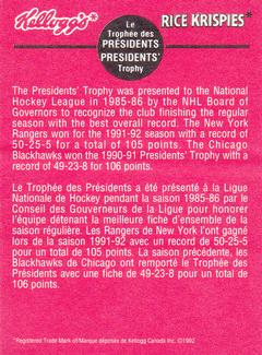 1992 Kellogg's NHL Trophies #2 Presidents' Trophy Back