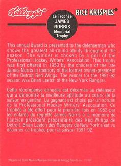 1992 Kellogg's NHL Trophies #6 James Norris Memorial Trophy Back
