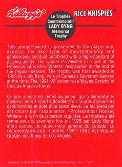 1992 Kellogg's NHL Trophies #9 Lady Byng Memorial Trophy Back