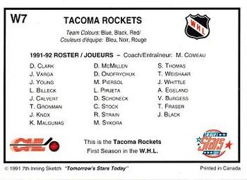 1991-92 7th Inning Sketch WHL - Teams #W7 Tacoma Rockets Back