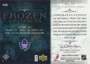 2006-07 Upper Deck Artifacts - Frozen Artifacts Patches Blue #FA-WC Wendel Clark Back