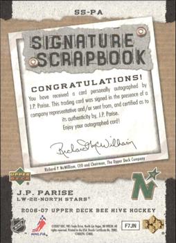 2006-07 Upper Deck Beehive - Signature Scrapbook #SS-PA J.P. Parise Back