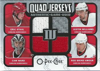 2007-08 O-Pee-Chee - Quad Jerseys (Quad Materials) #QM-WBSW Justin Williams / Rod Brind'Amour / Eric Staal / Cam Ward Front