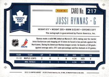 2012-13 Panini Limited #217a Jussi Rynnas Back