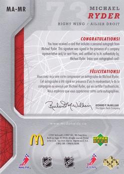 2007-08 Upper Deck McDonald's - Autographs #MA-MR Michael Ryder Back