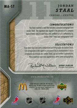2007-08 Upper Deck McDonald's - Autographs #MA-ST Jordan Staal Back