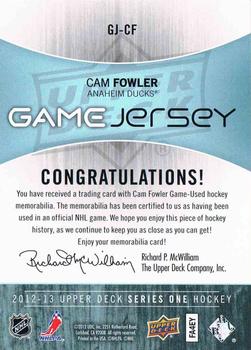 2012-13 Upper Deck - Game Jerseys #GJ-CF Cam Fowler Back