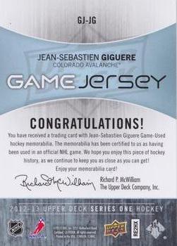 2012-13 Upper Deck - Game Jerseys #GJ-JG Jean-Sebastien Giguere Back