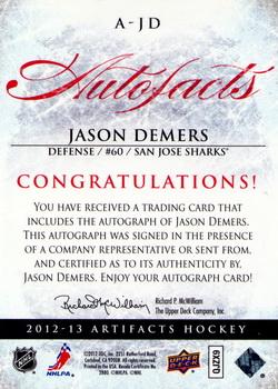 2012-13 Upper Deck Artifacts - Autofacts #A-JD Jason Demers Back