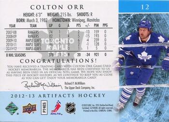 2012-13 Upper Deck Artifacts - Jersey/Patch Emerald #12 Colton Orr Back