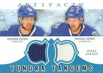 2012-13 Upper Deck Artifacts - Tundra Tandems Blue Dual Jersey #TT-SS Daniel Sedin / Henrik Sedin Front