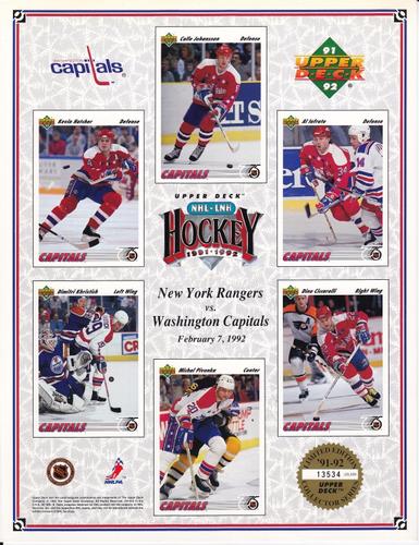 1991-92 Upper Deck - Promotional Sheets #NNO Kevin Hatcher / Dimitri Khristich / Calle Johansson / Michal Pivonka / Al Iafrate / Dino Ciccarelli Front