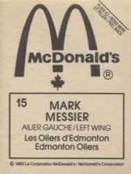 1982-83 McDonald's Stickers #15 Mark Messier Back