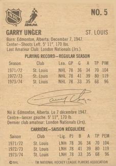 1974-75 Lipton Soup #5 Garry Unger Back