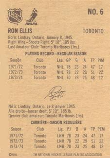 1974-75 Lipton Soup #6 Ron Ellis Back