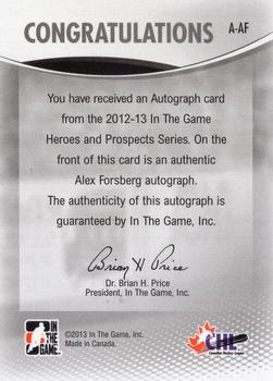 2012-13 In The Game Heroes and Prospects - Autographs #A-AF Alex Forsberg Back
