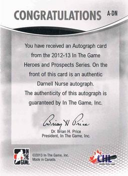 2012-13 In The Game Heroes and Prospects - Autographs #A-DN Darnell Nurse Back