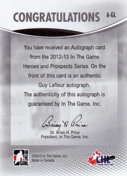 2012-13 In The Game Heroes and Prospects - Autographs #A-GL Guy Lafleur Back