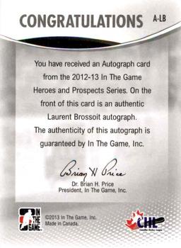 2012-13 In The Game Heroes and Prospects - Autographs #A-LB Laurent Brossoit Back