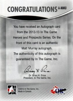 2012-13 In The Game Heroes and Prospects - Autographs #A-MMU Matt Murray Back