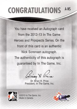 2012-13 In The Game Heroes and Prospects - Autographs #A-NS Nick Sorensen Back
