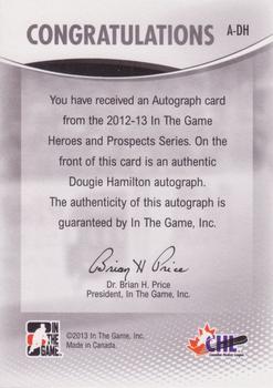 2012-13 In The Game Heroes and Prospects - Autographs #A-DH Dougie Hamilton Back