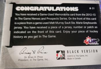 2012-13 In The Game Heroes and Prospects - Jersey Number #M-31 Matt Murray Back