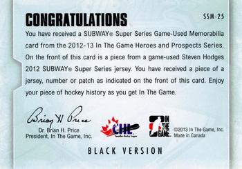 2012-13 In The Game Heroes and Prospects - Subway Super Series Jersey #SSM-25 Steven Hodges Back
