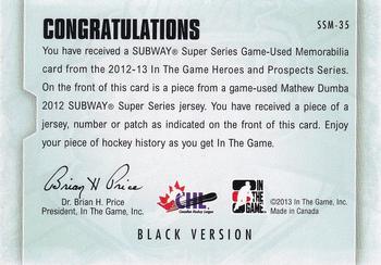2012-13 In The Game Heroes and Prospects - Subway Super Series Jersey Numbers #SSM-35 Mathew Dumba Back